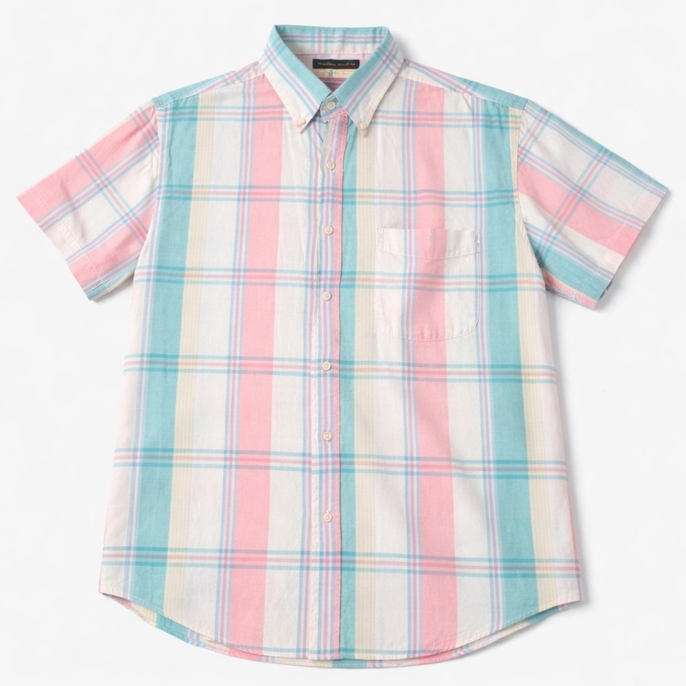 VTG Eddie Bauer Madras Plaid S/S EASTER Button Up Shirt Men's L color block